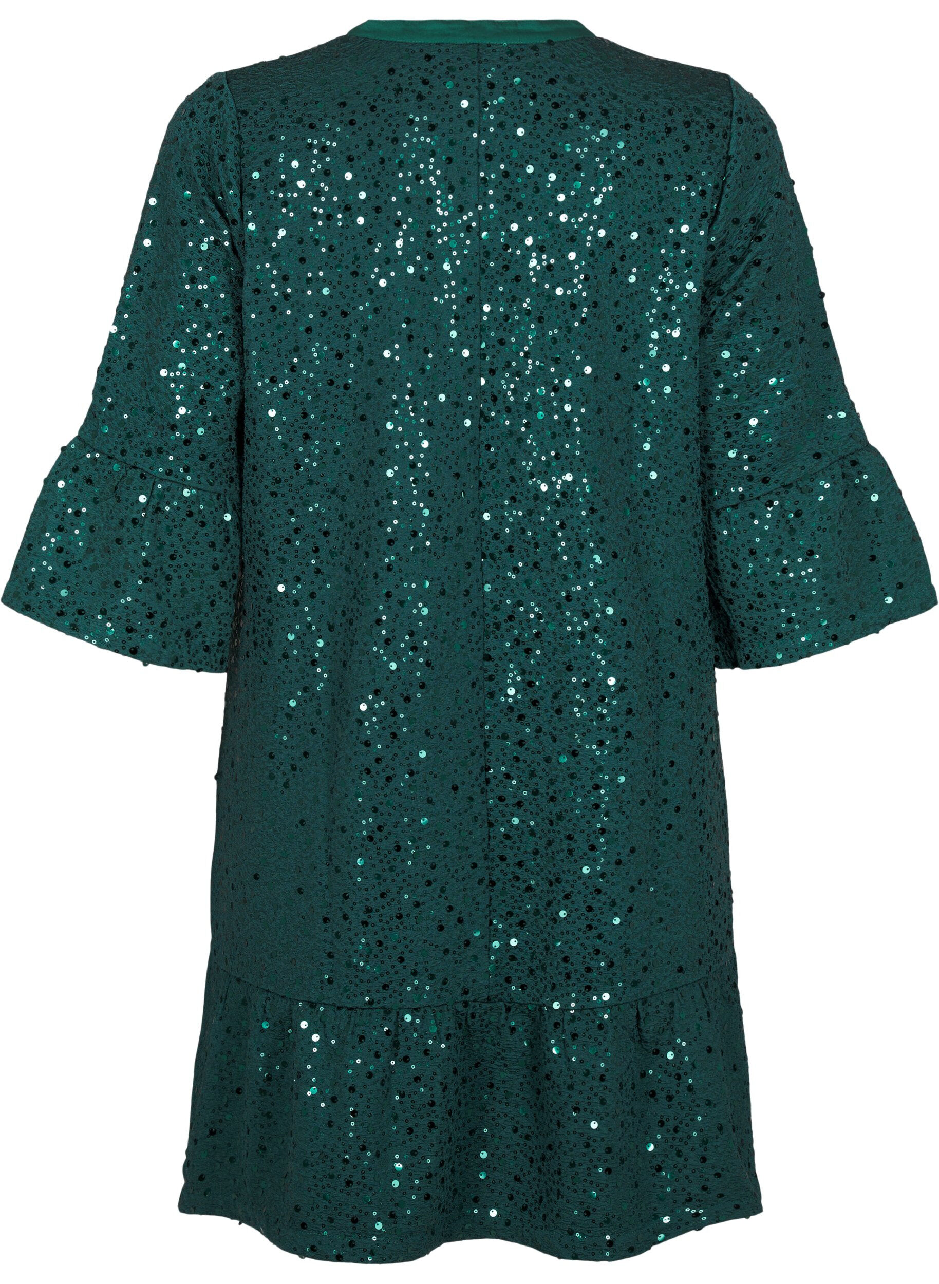 Zizzifashion Sequin dress with a V-neck and 3/4 sleeves, Rain Forest, Packshot image number 1