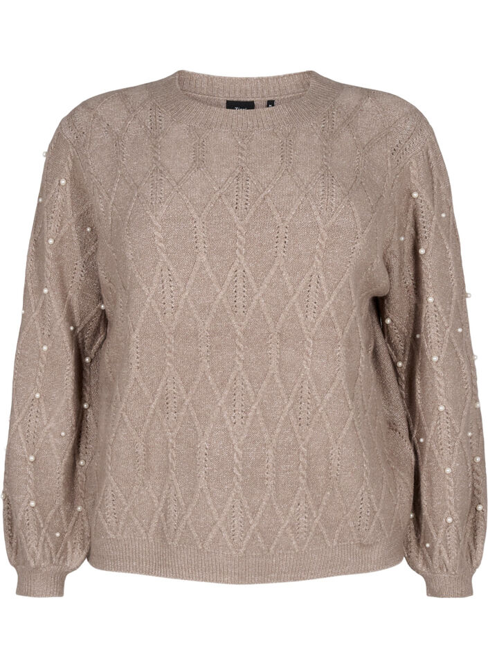 Knitted sweater with pattern and pearls, Desert Taupe Mel., Packshot image number 0