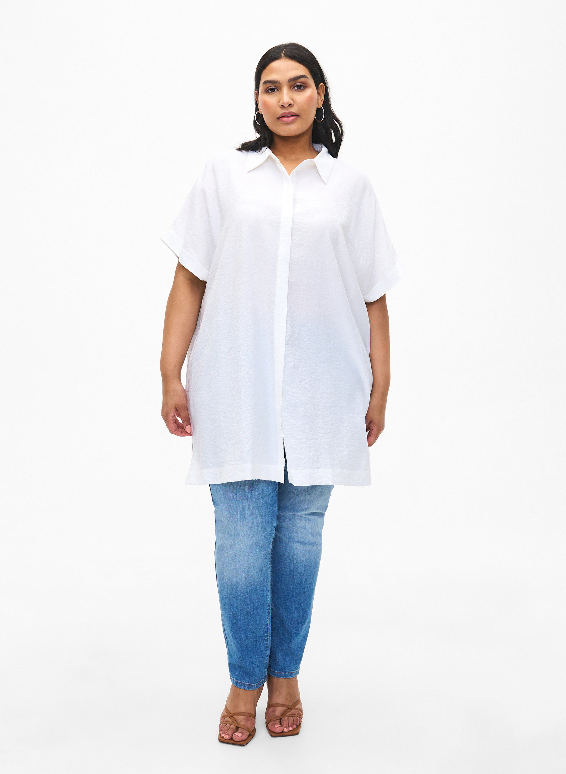 Zizzifashion Long viscose shirt with short sleeves, Bright White, Model image number 2