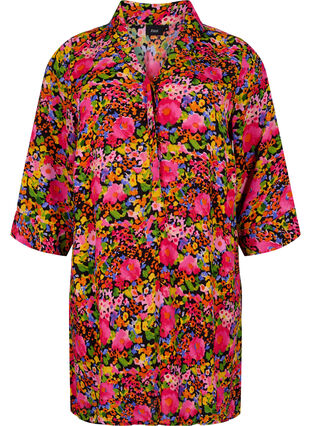 Floral viscose tunic with 3/4 sleeves, Neon Flower Print, Packshot image number 0