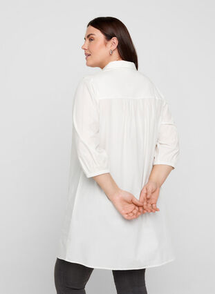 Cotton tunic with 3/4 sleeves and lace, Bright White, Model image number 1
