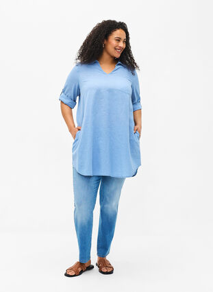 Short-sleeved cotton blend tunic with linen, Faded Denim, Model image number 2