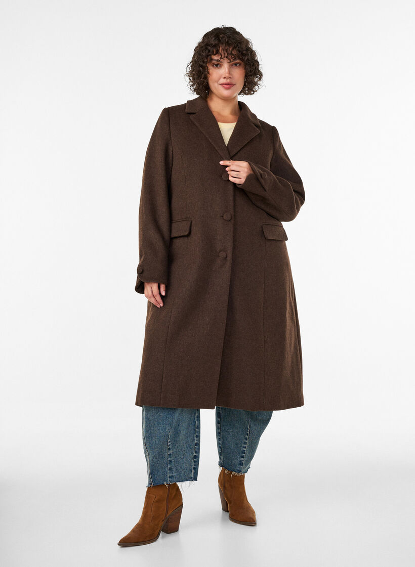 Wool blend coat with lapels and buttons, Brown, Model image number 1