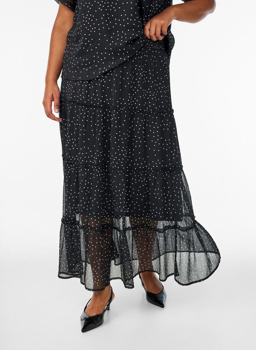 Long A-line chiffon skirt with polka dots, Black, Model image number 2