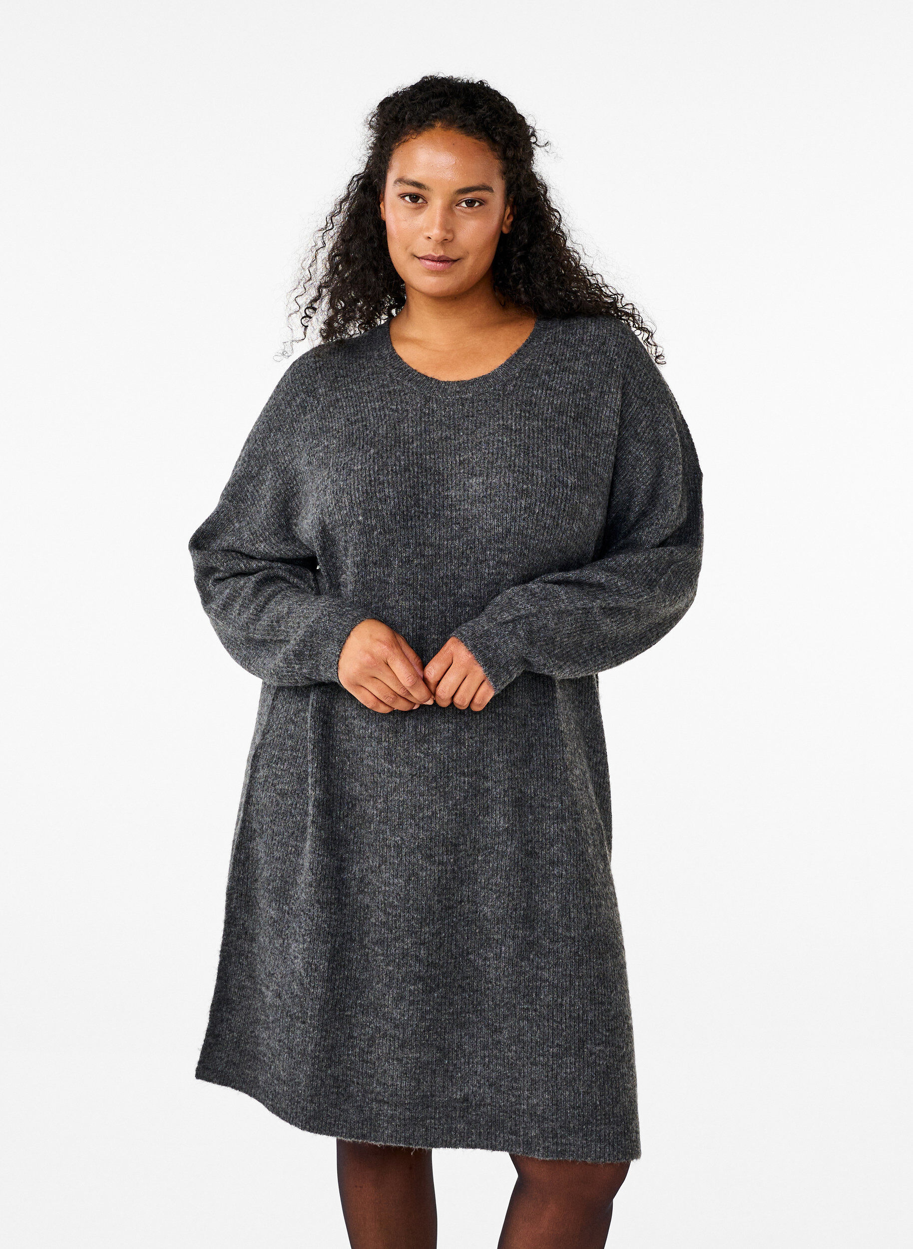 Zizzifashion Long sleeved rib knit dress, Dark Grey Black Mel., Model image number 0