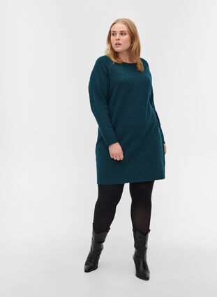 Long-sleeved, marled knitted dress with rounded neckline, Reflecting Pond Mel., Model image number 2
