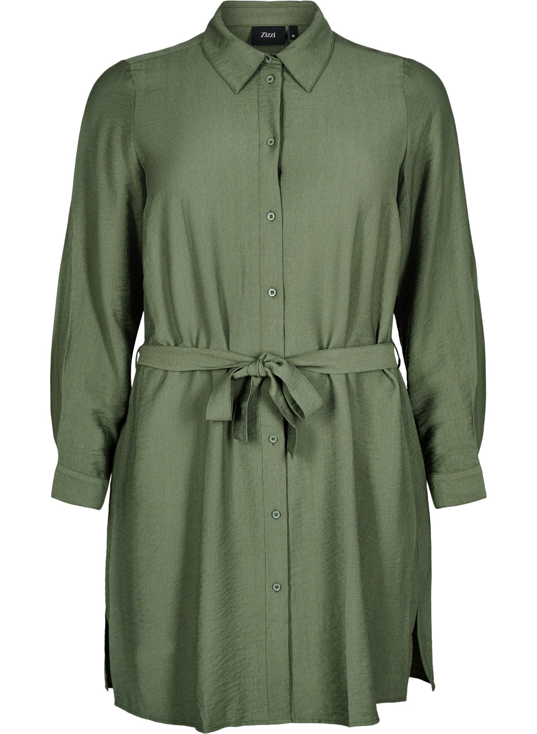 Zizzifashion Shirt dress with tie belt and long sleeves, Green, Packshot image number 0