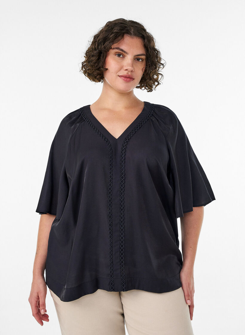 Viscose blouse with V-neck and decorative details, Black, Model image number 0