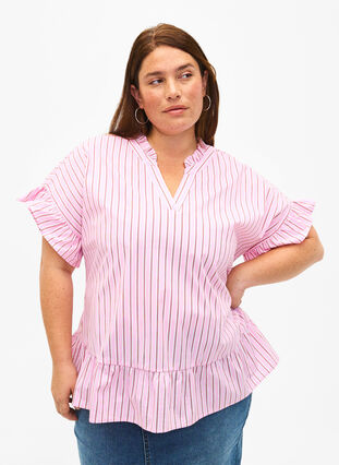 Striped blouse with peplum and ruffle details, Pink Red Stripe, Model image number 0