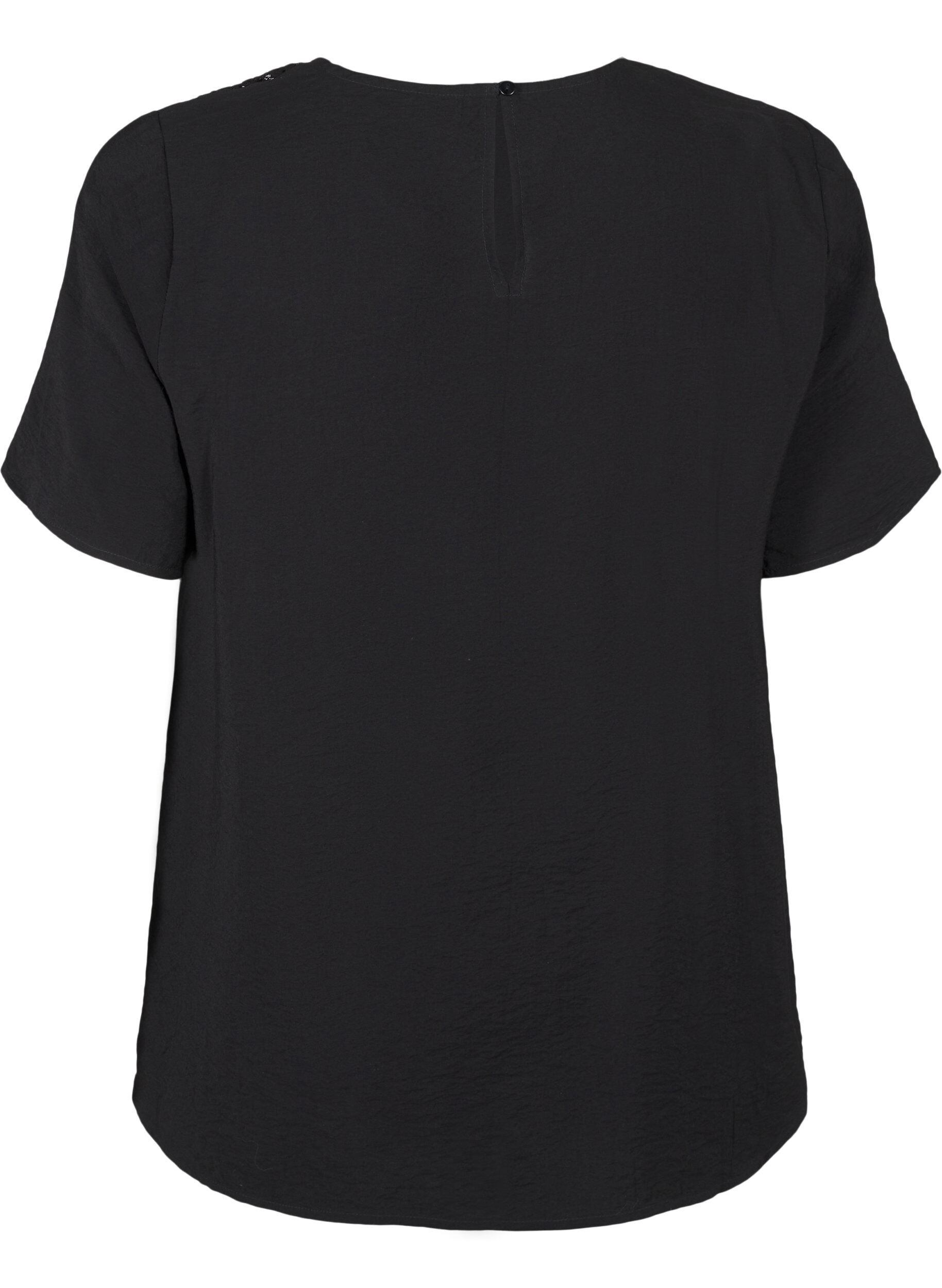 Zizzifashion Short-sleeved viscose blouse with lace detail, Black, Packshot image number 1