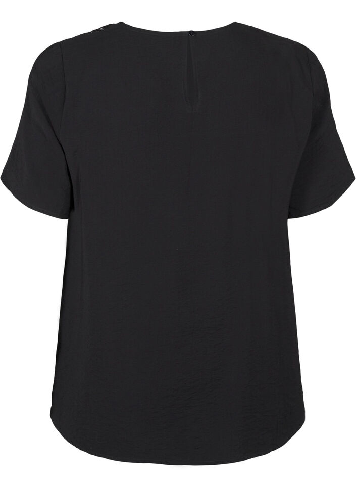 Short-sleeved viscose blouse with lace detail, Black, Packshot image number 1
