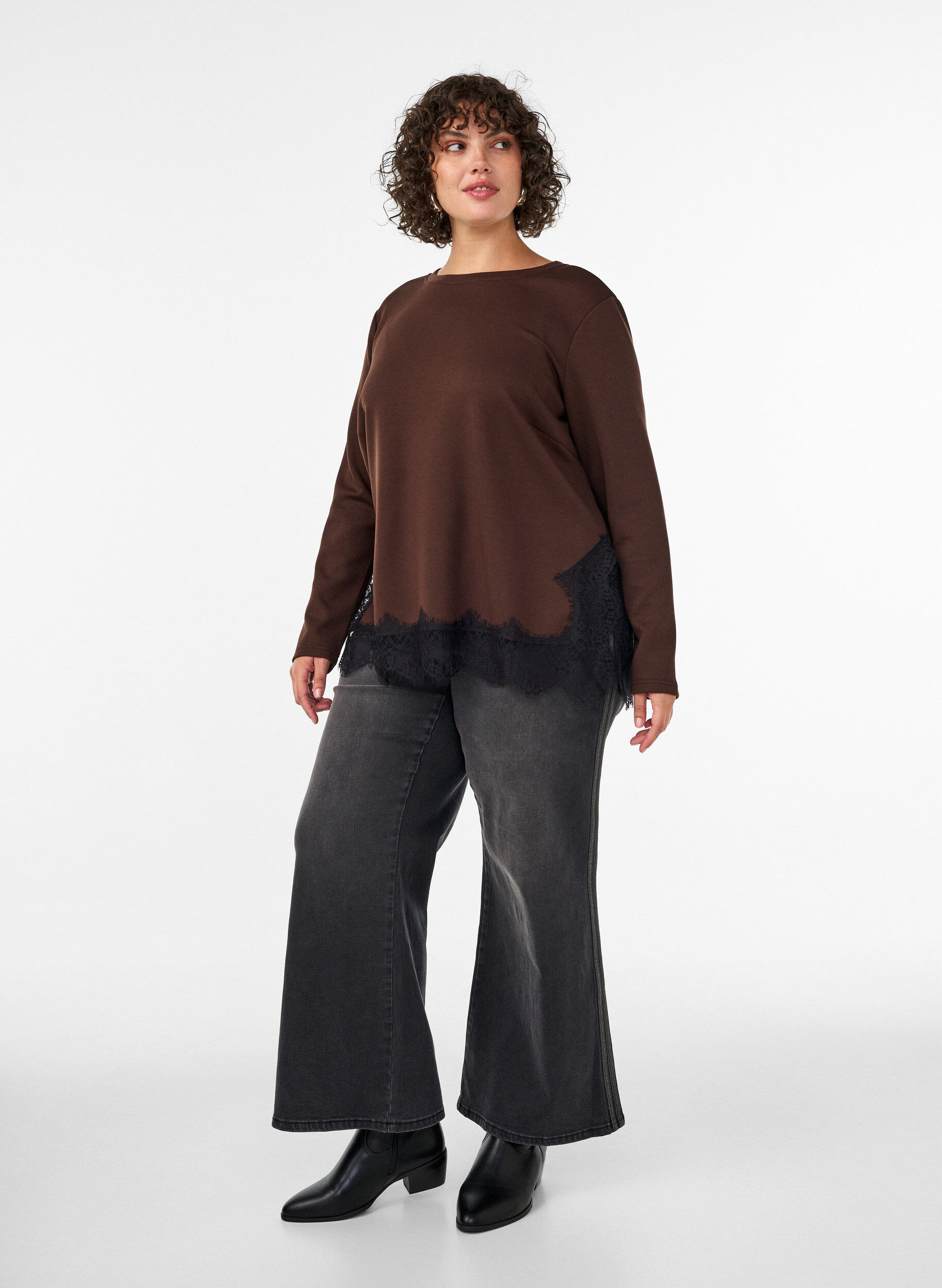 ZizzifashionJersey blouse with lace trim, Brown, Model image number 1