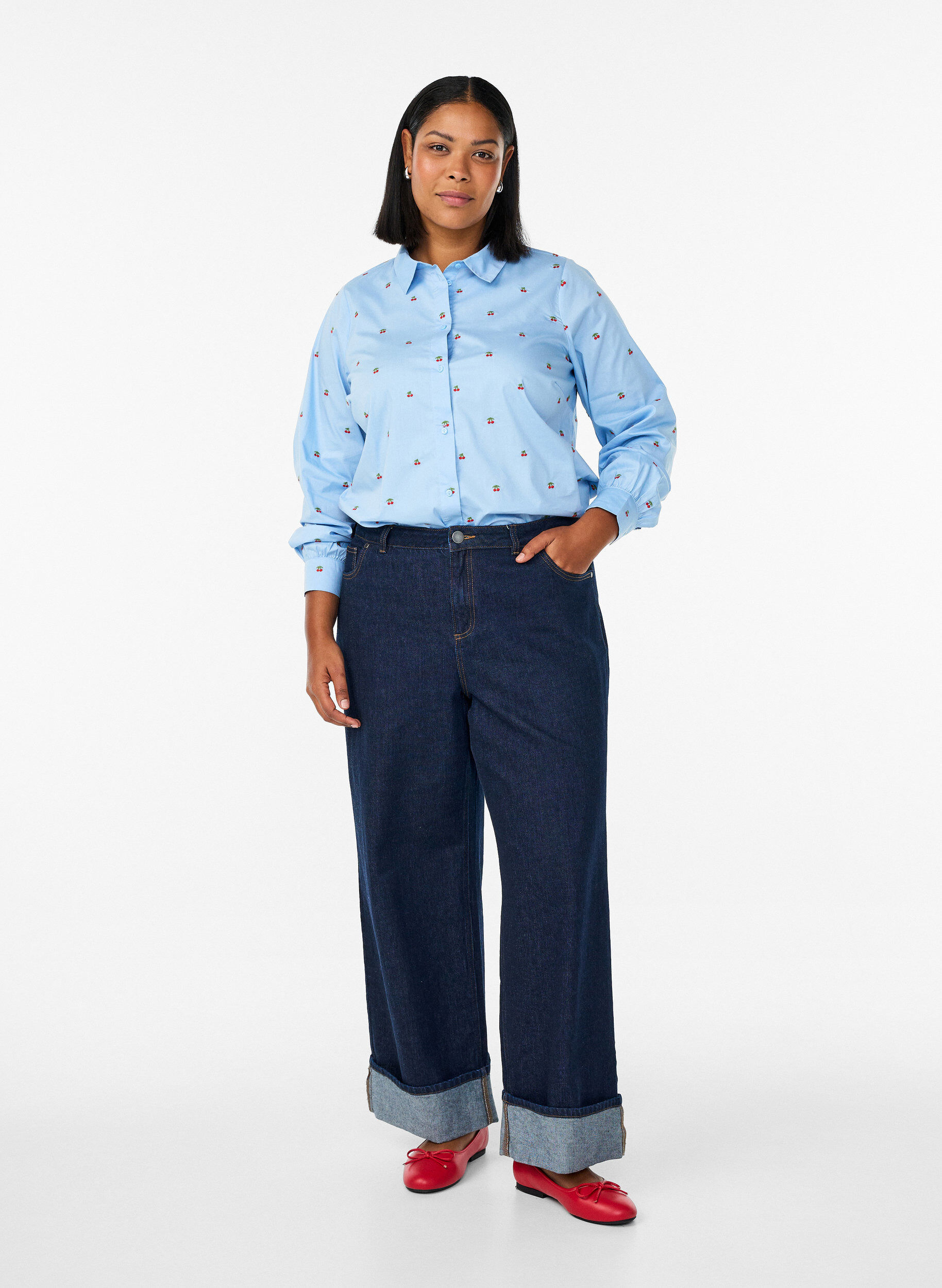 Zizzifashion Shirt with embroidered cherries, Light Blue, Model image number 1