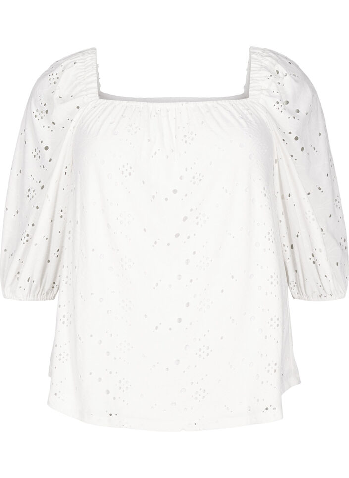 Blouse with short puff sleeves and an openwork pattern, White, Packshot image number 0