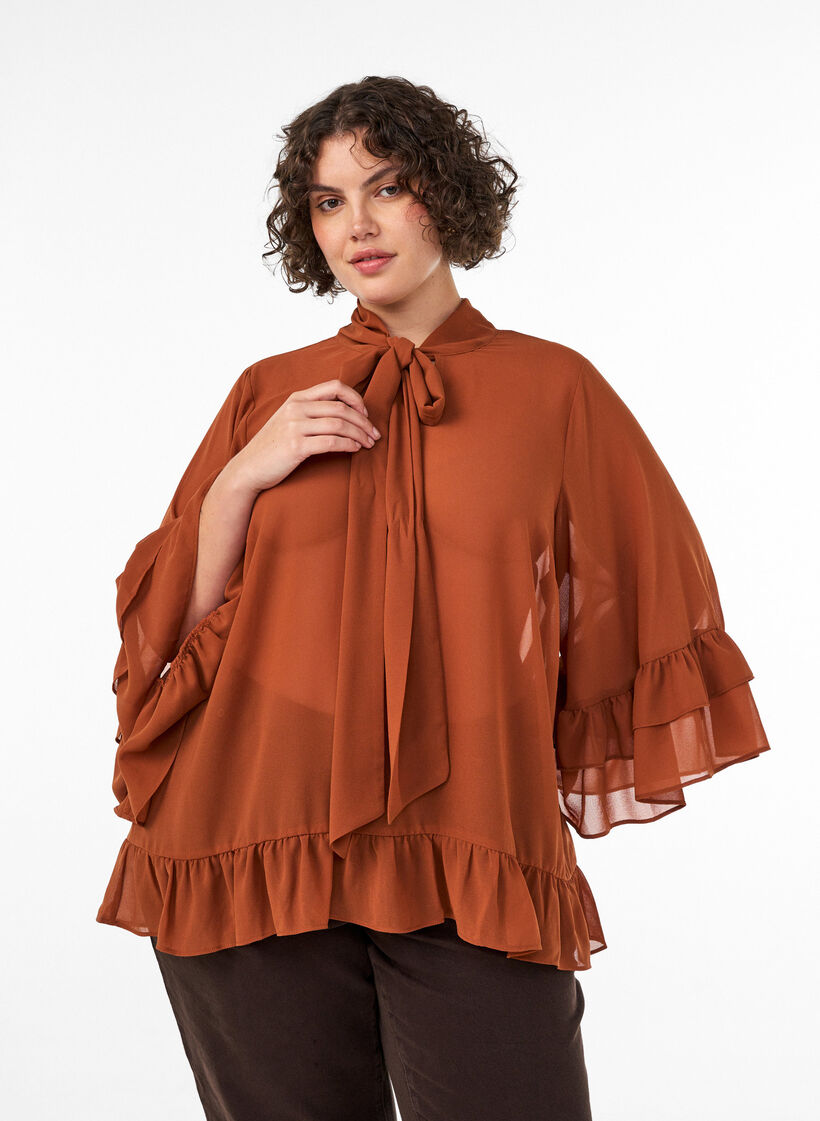 Blouse with ribbon tie and ruffle details, Brown, Model image number 0