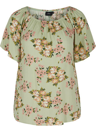Short-sleeved viscose blouse with floral print, Light Green April, Packshot image number 0