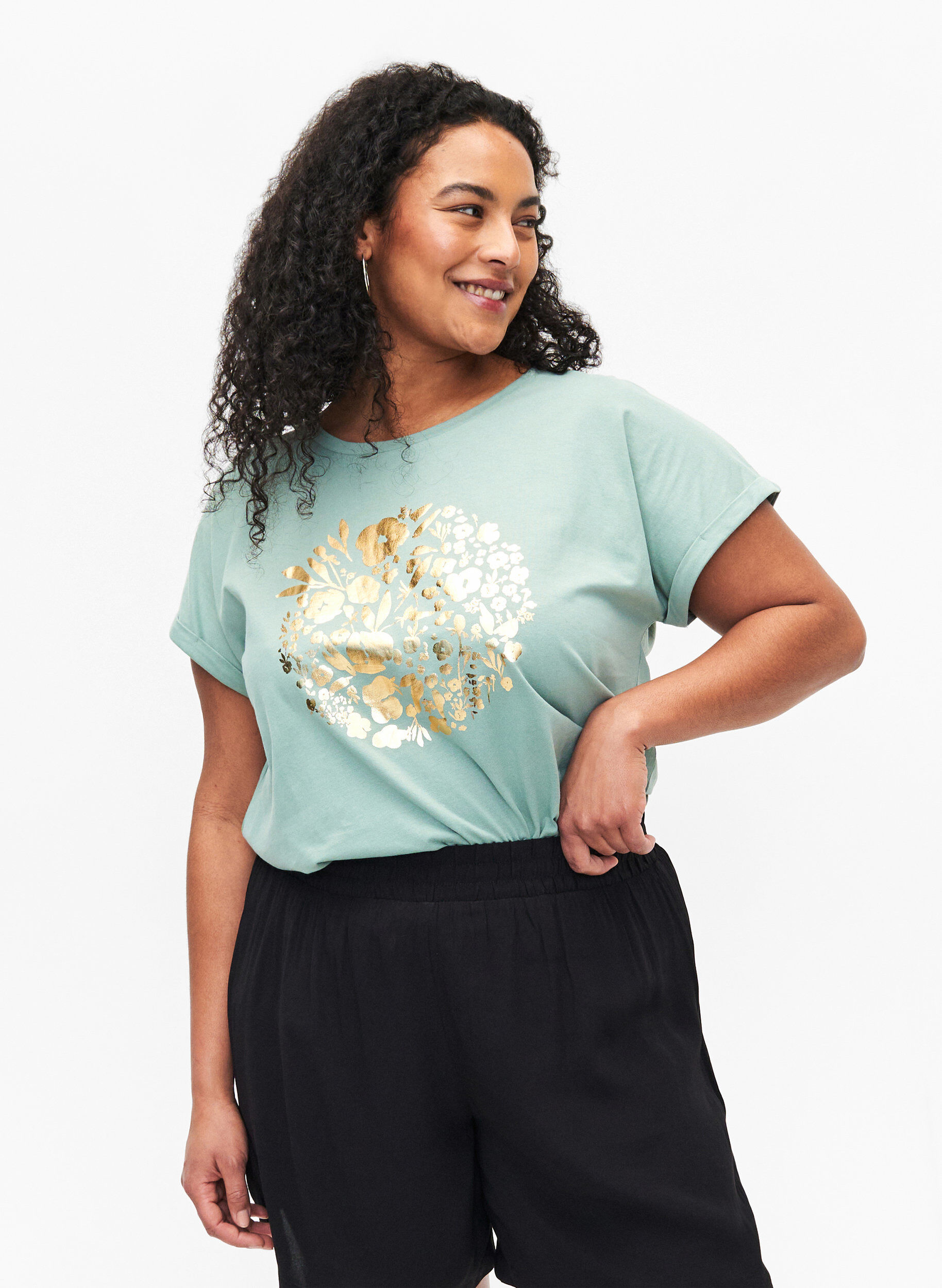 Zizzifashion Organic cotton T-shirt with gold print, Ch.Green Gold Flower, Model image number 0