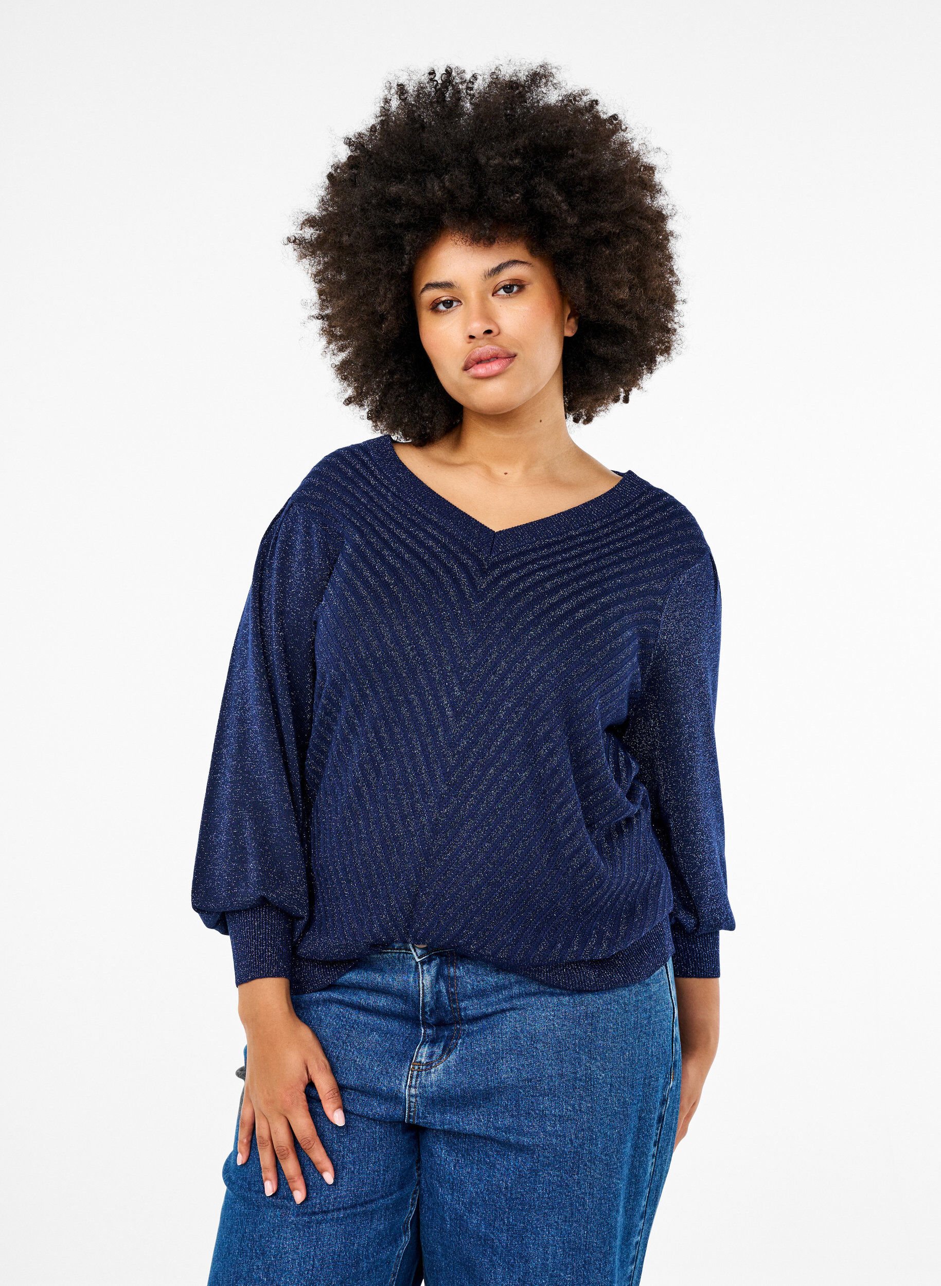 Zizzifashion Knitted blouse with shimmer and V-neck, Naval A.w.Blue Lurex, Model image number 0