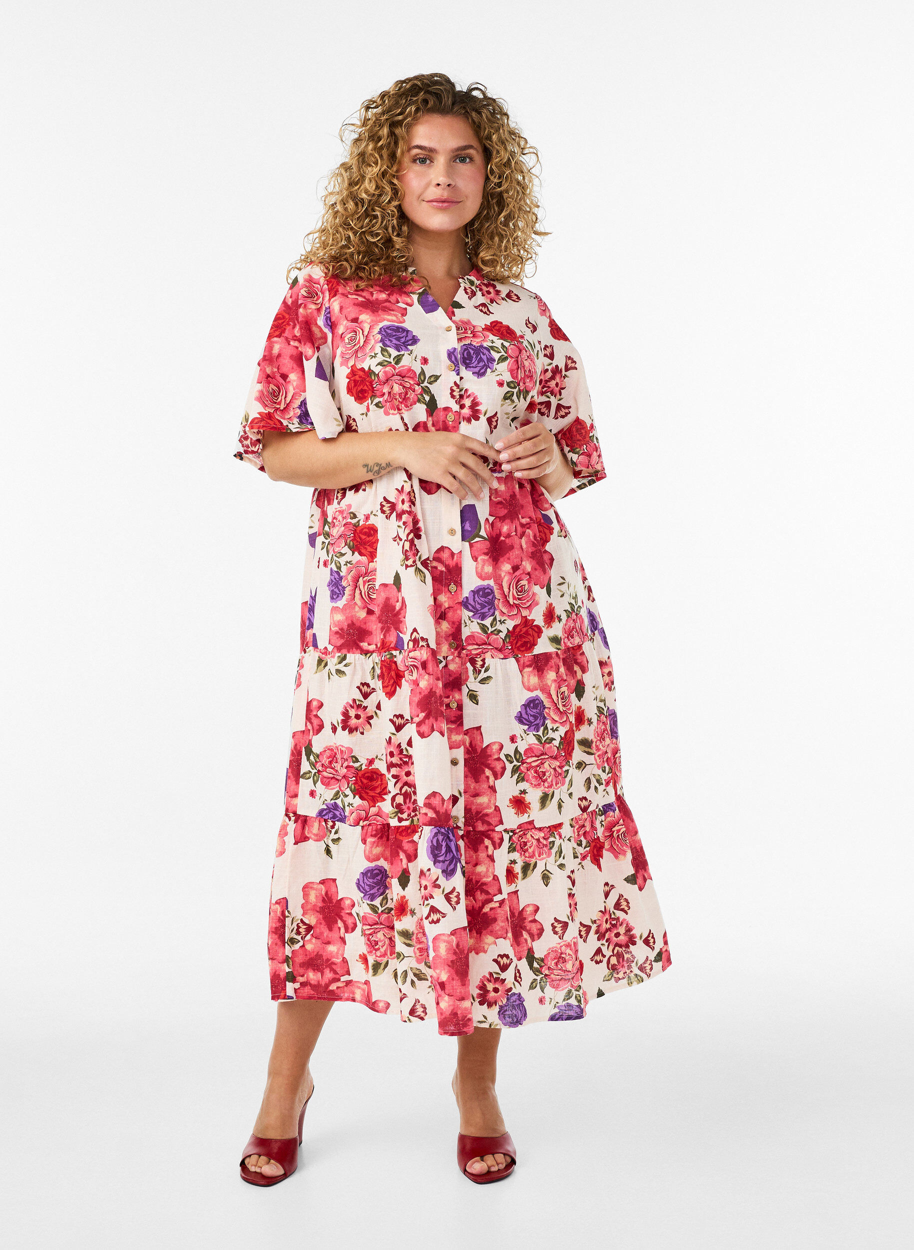 Zizzifashion Cotton midi dress with floral print, Red, Model image number 0