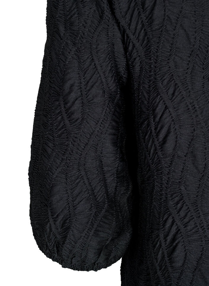Short dress with texture and 3/4 sleeves, Black, Packshot image number 3