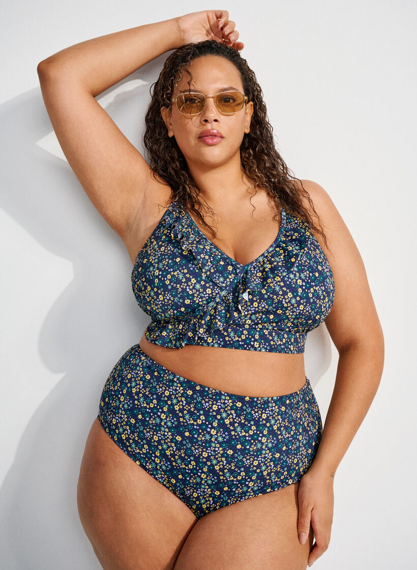 Bikini top with print and ruffle details, Petrol, Image image number 0