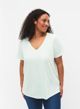 Short sleeve t-shirt with v-neckline, Honeydew, Model image number 0
