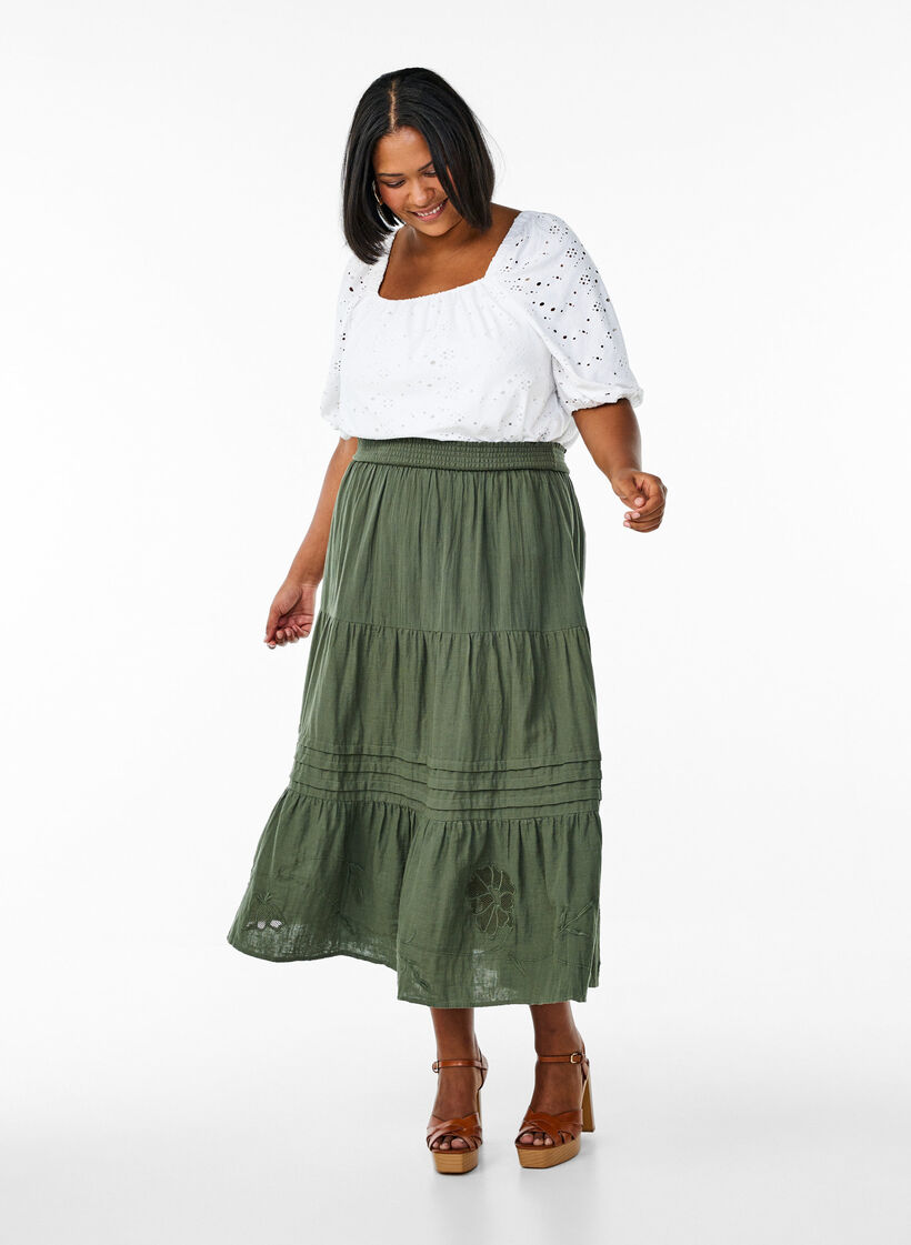 Long cotton muslin skirt with embroidered details, Thyme, Model image number 0