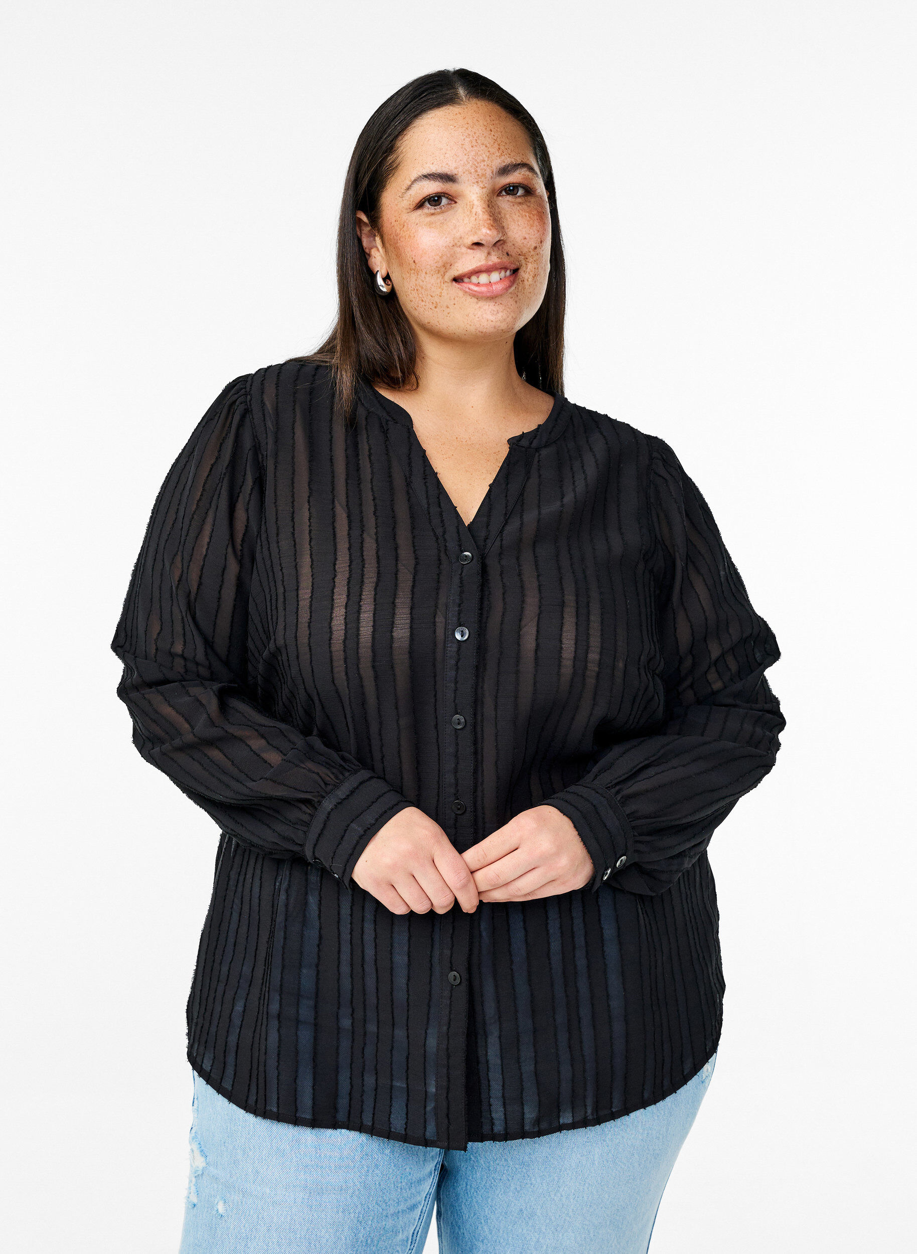 Zizzifashion Striped shirt blouse with sheer stripes, Black, Model image number 0