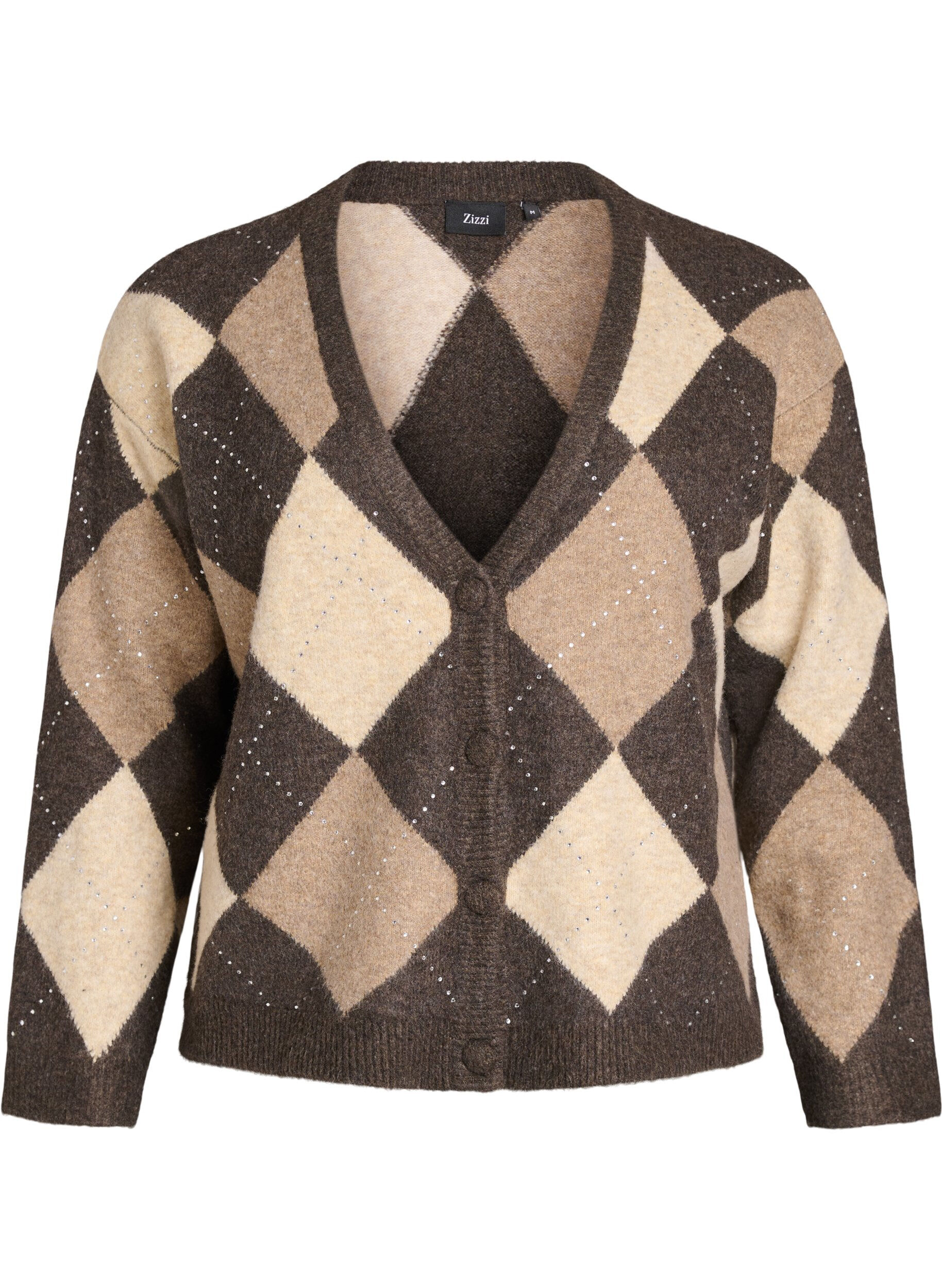 ZizzifashionArgyle cardigan with rhinestones, Brown, Packshot image number 0