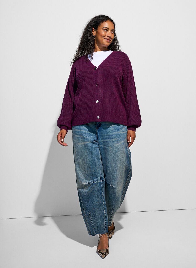 Cardigan with V-neck and ribbed texture, Purple, Model image number 1