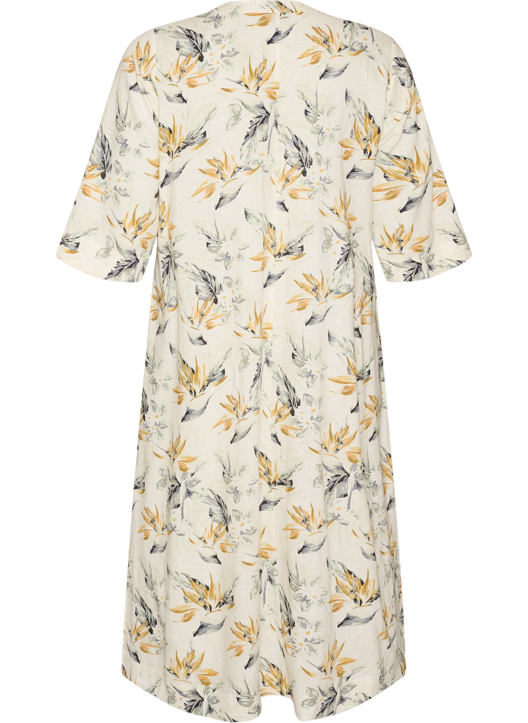 Zizzifashion Midi dress in linen and viscose with 1/2 sleeves, White, Packshot image number 1