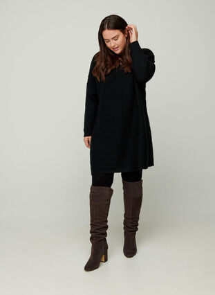 Long-sleeved knitted dress with button detailing, Black, Model image number 2