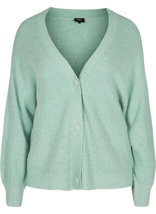 Knitted cardigan with buttons and balloon sleeves, Dusty Jade Green Mel, Packshot image number 0