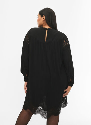 Dress in viscose with embroidered details, Black, Model image number 1