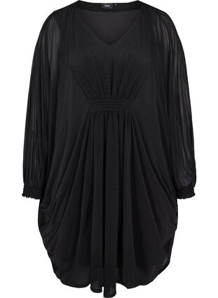 Long-sleeved dress with a V-neck and smocking, Black, Packshot image number 0