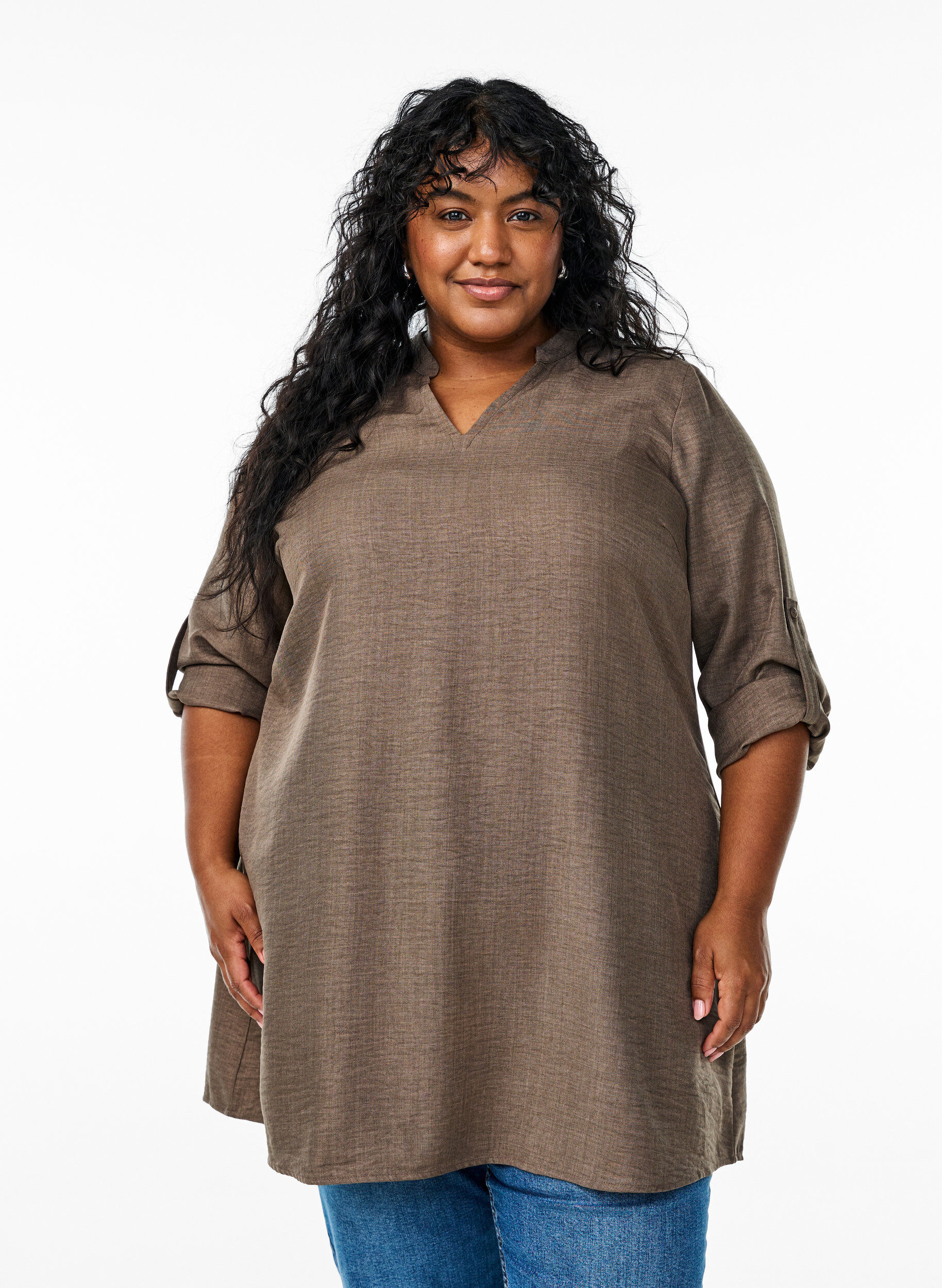 Tunic with V-neck, Brown, Model