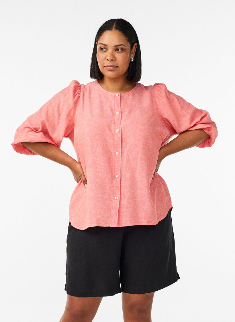 High-waisted linen and viscose shorts, Black, Model image number 0