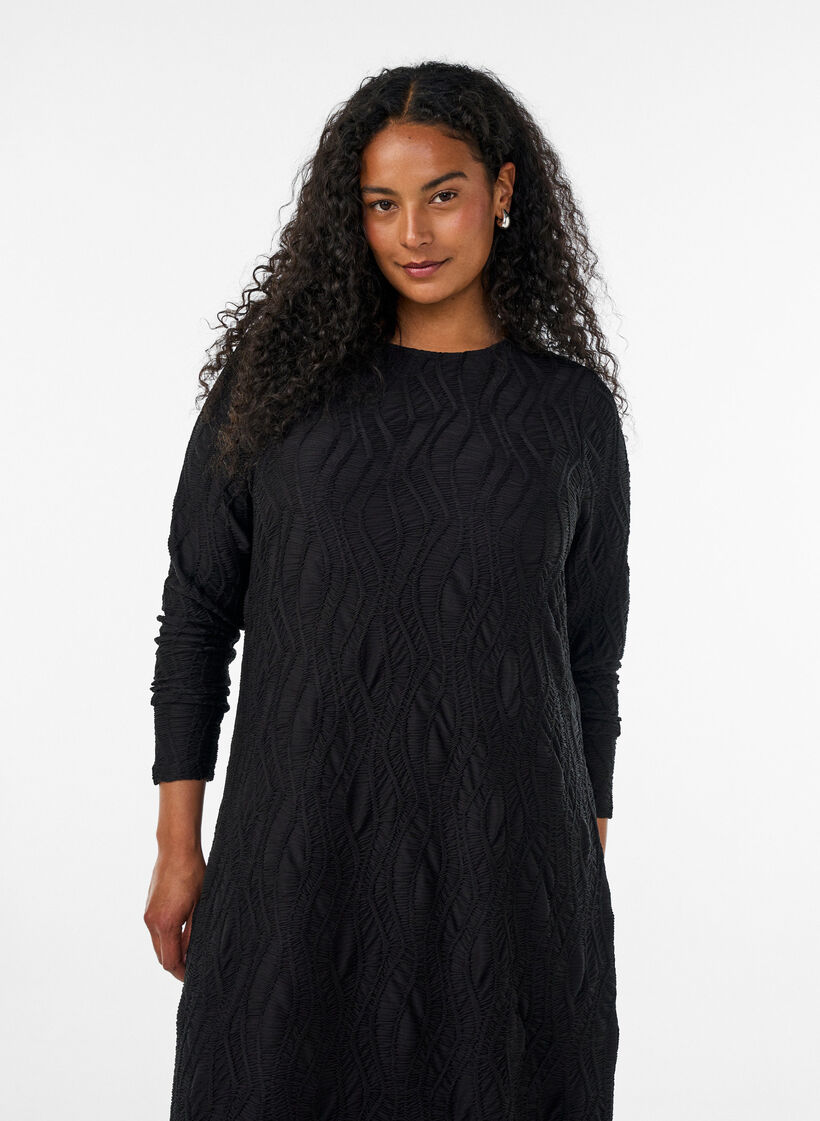 Midi dress with a wavy texture and long sleeves, Black, Model image number 2