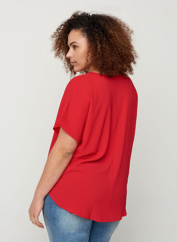Blouse with short sleeves and a round neckline, Lipstick Red, Model image number 1
