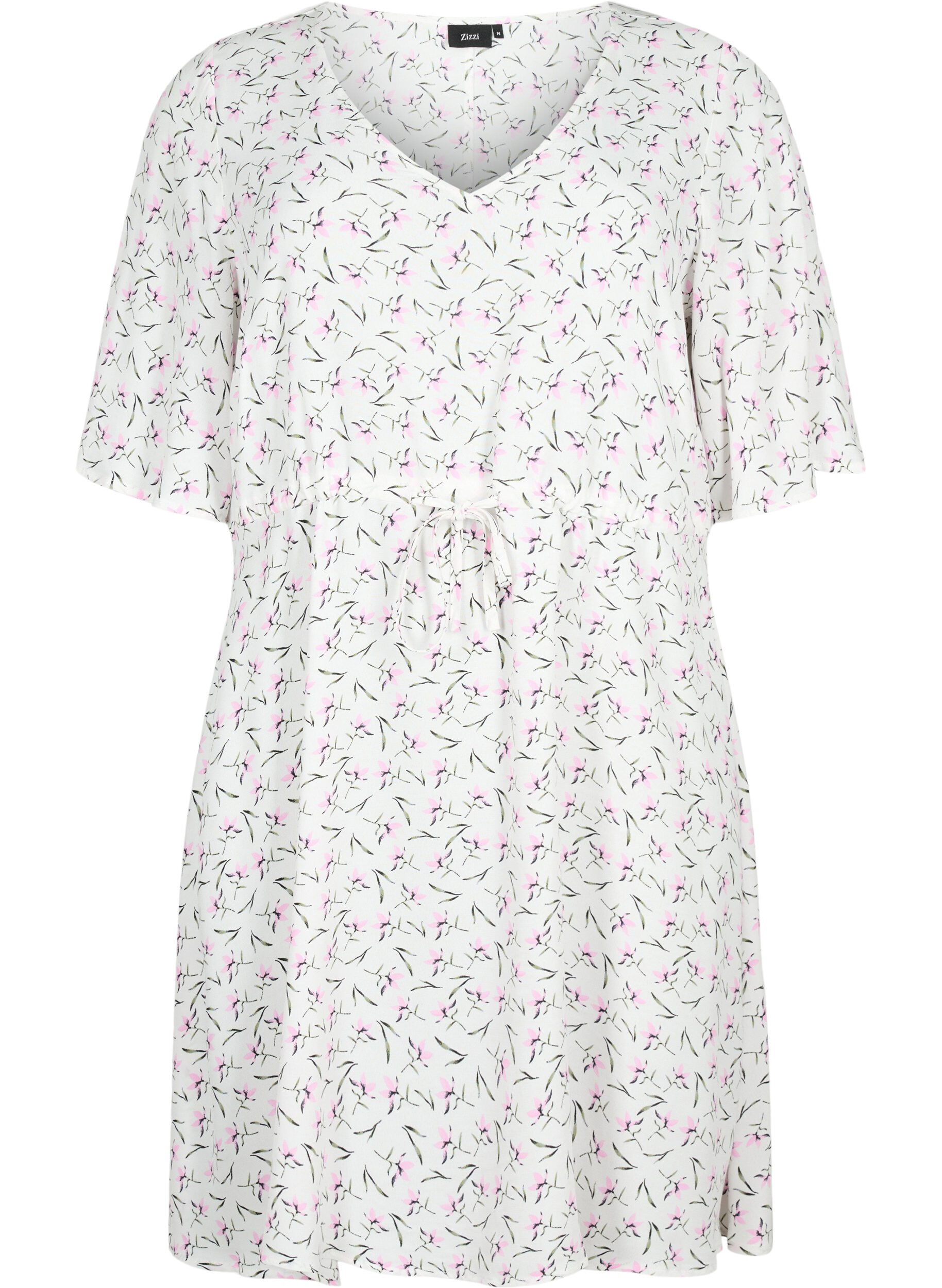Zizzifashion Dress with 1/2 sleeves and floral print in viscose, White Purple Flower, Packshot image number 0
