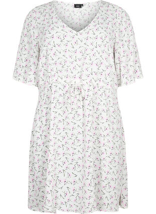 Dress with 1/2 sleeves and floral print in viscose, White Purple Flower, Packshot image number 0