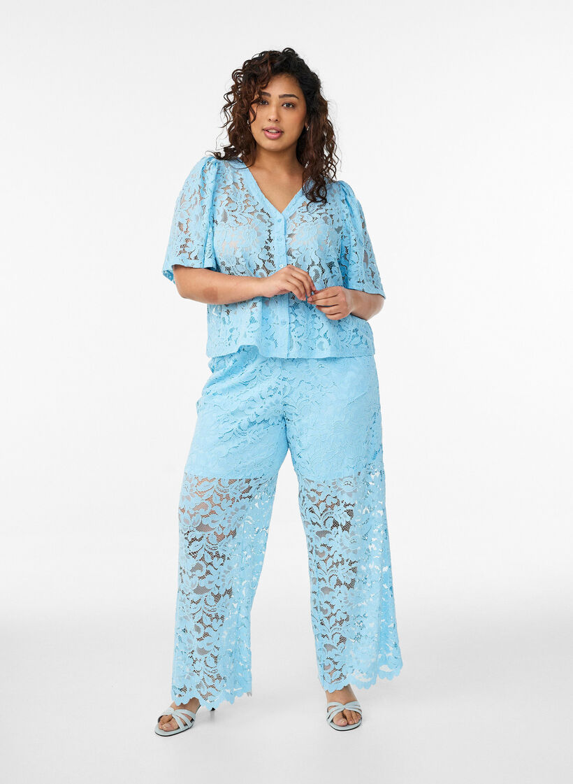 High-waisted lace trousers with straight legs, Blue, Model image number 0
