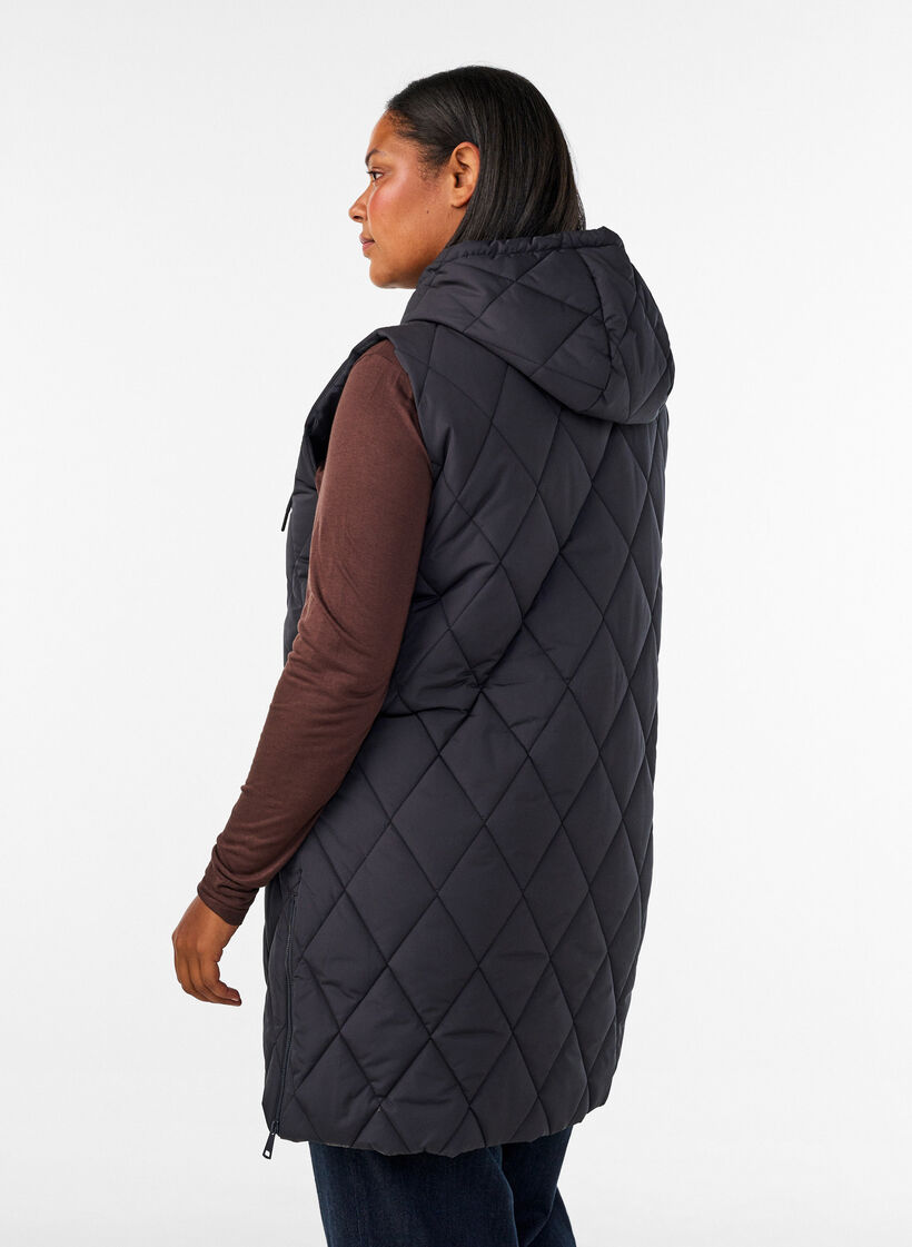 Mid-length quilted gilet with hood, Black, Model image number 2