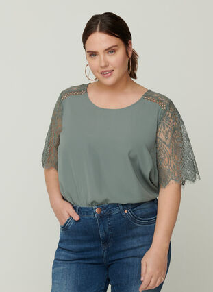 Blouse with short lace sleeves, Balsam Green, Model image number 0