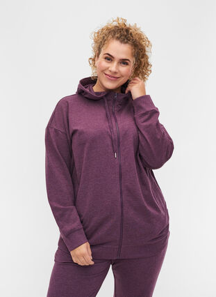 Sweater cardigan with a zip and hood, Blackberry Wine, Model image number 0