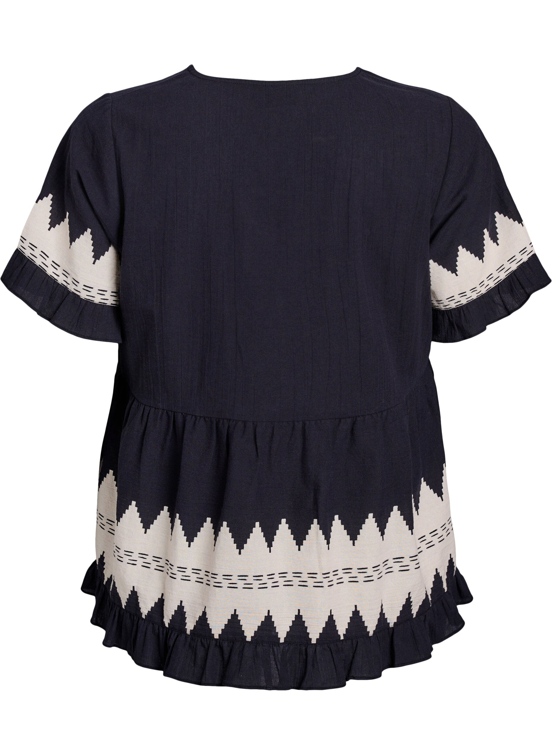 Zizzifashion Short-sleeved blouse with ruffles and graphic pattern, Black, Packshot image number 1