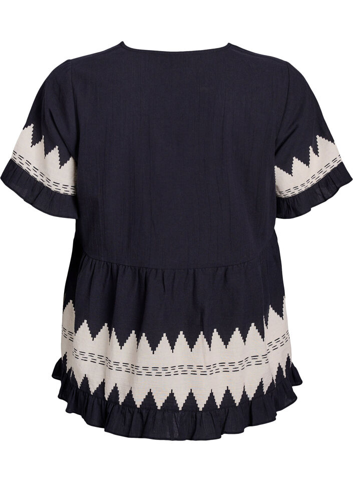 Short-sleeved blouse with ruffles and graphic pattern, Black, Packshot image number 1