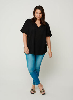 Short-sleeved V-neck cotton blouse, Black, Model image number 2