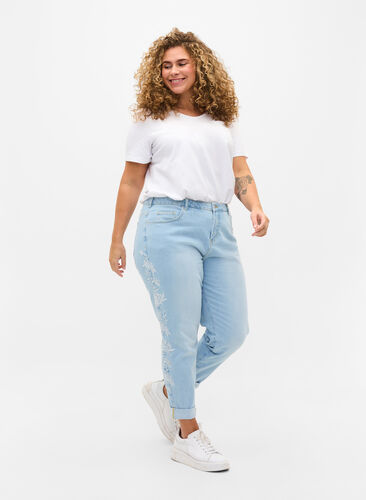 Cropped mom fit Mille jeans with embroidery, Light blue denim, Model image number 0