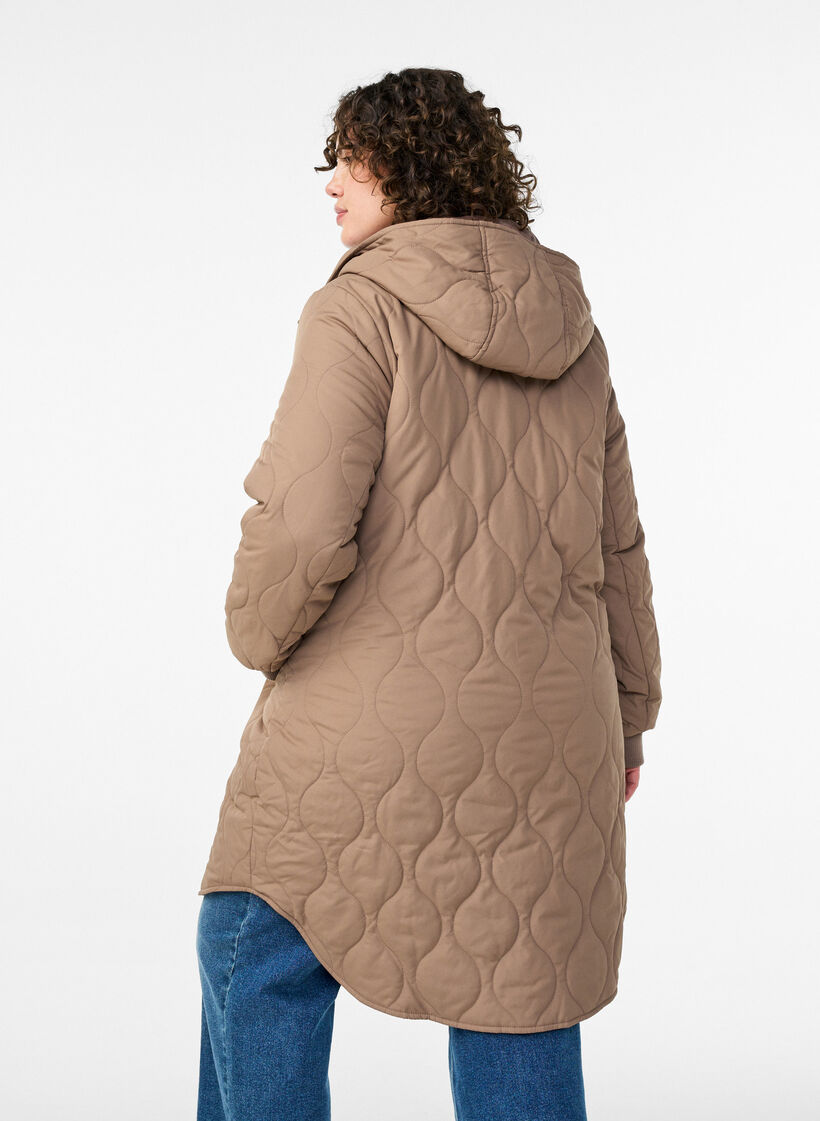 Mid-length quilted jacket with a hood, Brown, Model